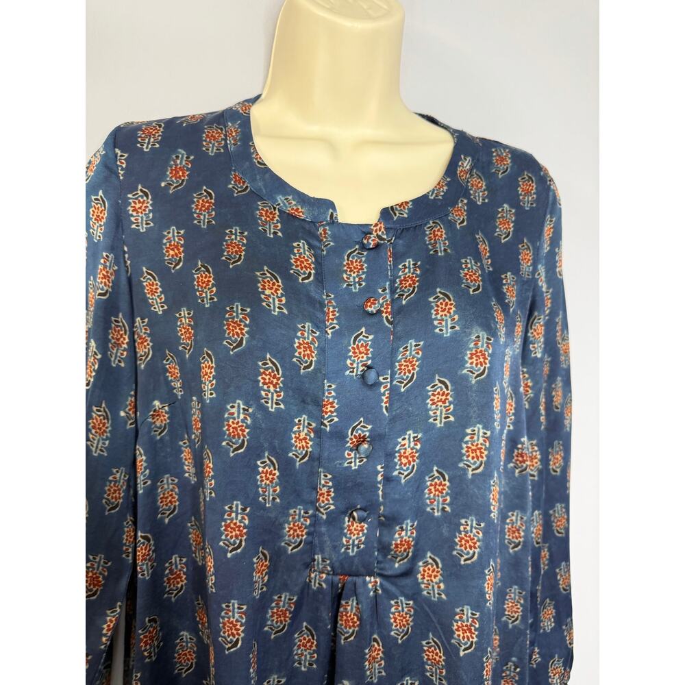 FOLKSONG Tunic Top Blue Floral Block Print Long Sleeve Boho Blouse Sz M - Picture 15 of 16